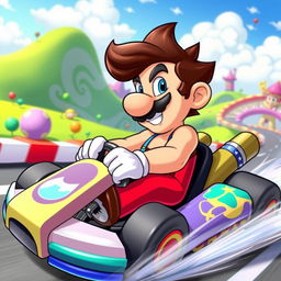 A sexy and playful male character inspired by Mario, wearing a form-fitting and cheeky version of his classic outfit, driving a colorful kart in a vibrant racing scene