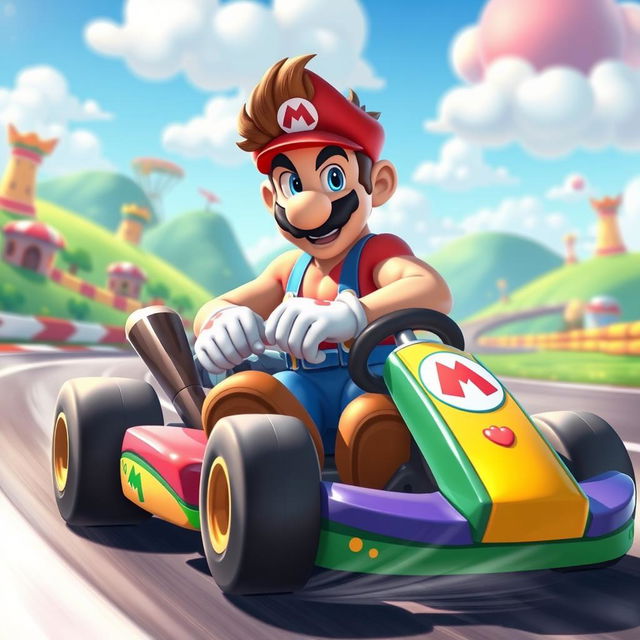 A sexy and playful male character inspired by Mario, wearing a form-fitting and cheeky version of his classic outfit, driving a colorful kart in a vibrant racing scene
