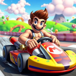 A sexy and playful male character inspired by Mario, wearing a form-fitting and cheeky version of his classic outfit, driving a colorful kart in a vibrant racing scene