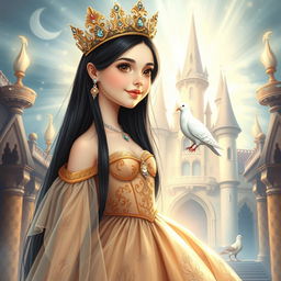 A full-body drawing of an 11-year-old white Brazilian princess, characterized by her long straight black hair, dark soulful eyes, and fair white skin
