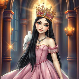 A full-body drawing of an 11-year-old white Brazilian princess, characterized by her long straight black hair, dark soulful eyes, and fair white skin