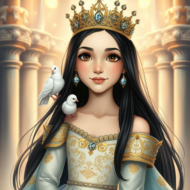 A full-body drawing of an 11-year-old white Brazilian princess, characterized by her long straight black hair, dark soulful eyes, and fair white skin