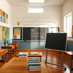 A bright and inviting classroom featuring a large blackboard at the front