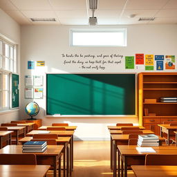 A bright and inviting classroom featuring a large blackboard at the front