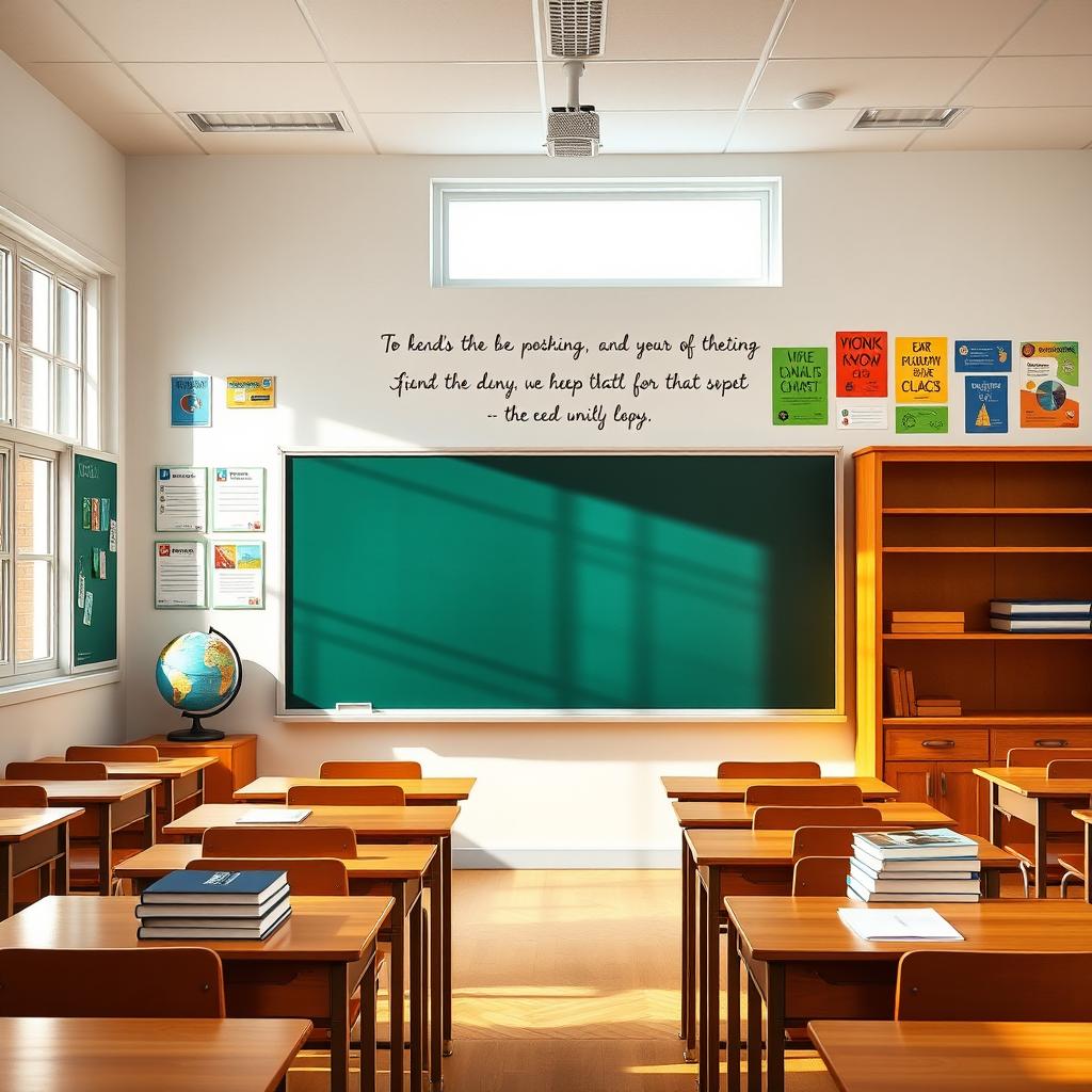 A bright and inviting classroom featuring a large blackboard at the front