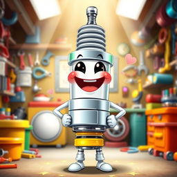 A cheerful spark plug character with a big smile, standing proudly with its shiny silver body and vibrant yellow insulator