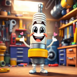 A cheerful spark plug character with a big smile, standing proudly with its shiny silver body and vibrant yellow insulator