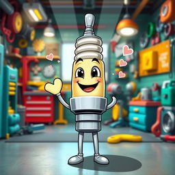 A cheerful spark plug character with a big smile, standing proudly with its shiny silver body and vibrant yellow insulator