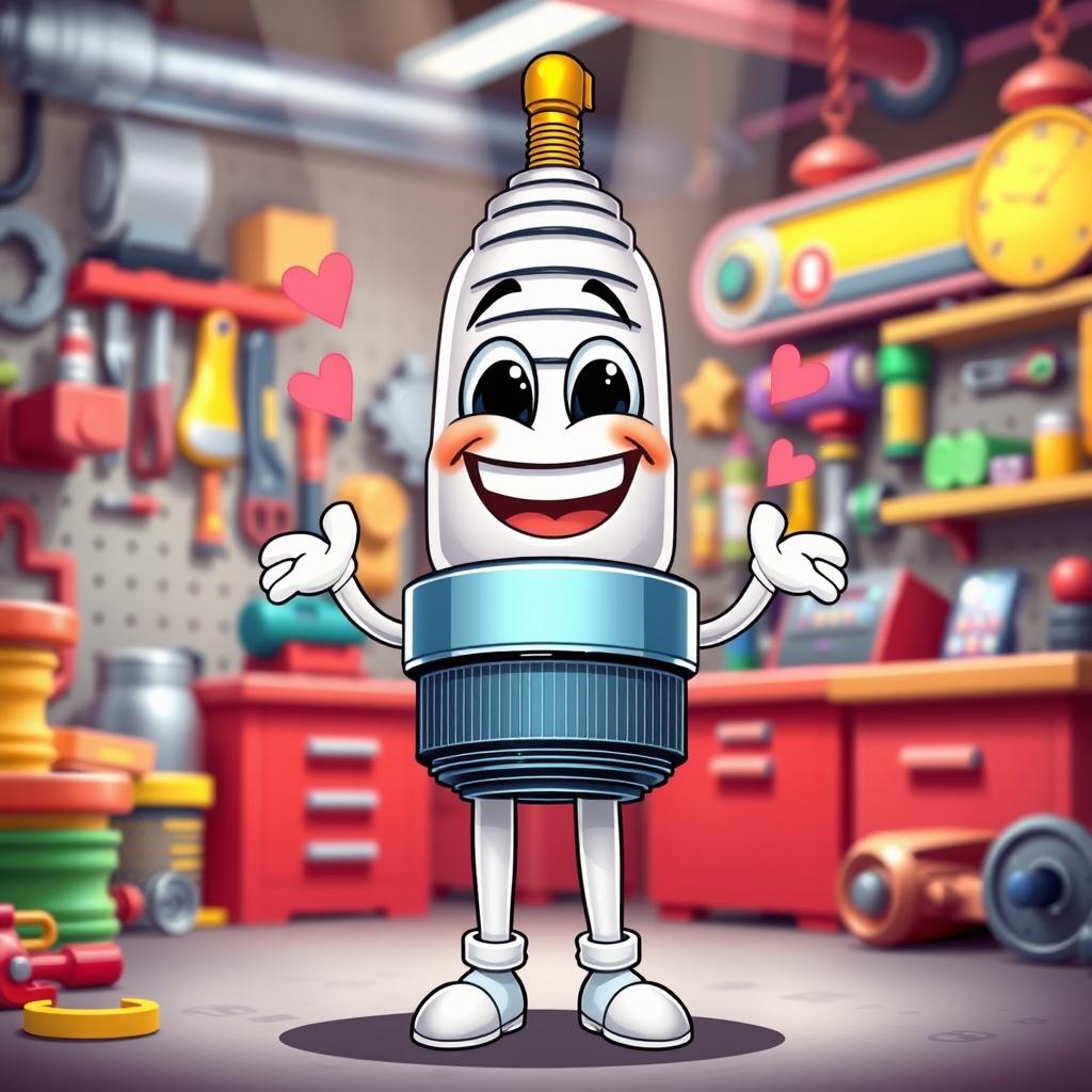 A cheerful spark plug character with a big smile, standing proudly with its shiny silver body and vibrant yellow insulator
