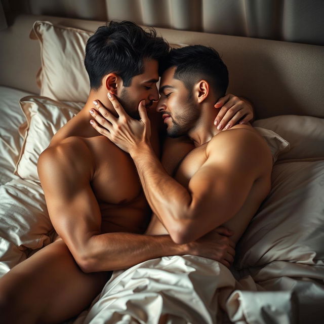 An intimate and sensual scene depicting two handsome men embracing in a passionate moment