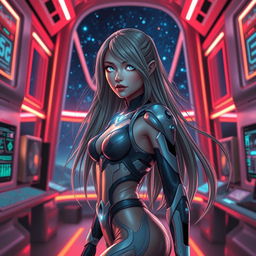A stunning, hyper-realistic depiction of an attractive AI girl with long flowing hair and glowing eyes, wearing futuristic clothing that accentuates her figure