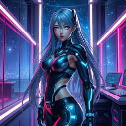 A stunning, hyper-realistic depiction of an attractive AI girl with long flowing hair and glowing eyes, wearing futuristic clothing that accentuates her figure