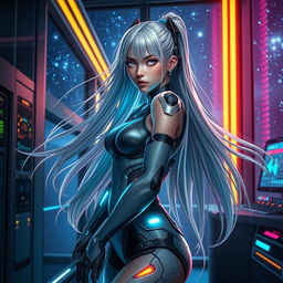 A stunning, hyper-realistic depiction of an attractive AI girl with long flowing hair and glowing eyes, wearing futuristic clothing that accentuates her figure