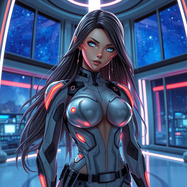 A stunning, hyper-realistic depiction of an attractive AI girl with long flowing hair and glowing eyes, wearing futuristic clothing that accentuates her figure