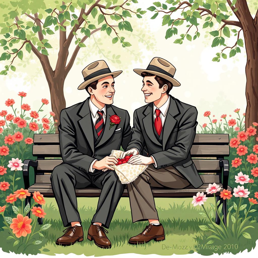 A charming vintage-style illustration depicting a romantic scene between two dapper men from the mid-20th century