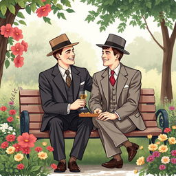 A charming vintage-style illustration depicting a romantic scene between two dapper men from the mid-20th century