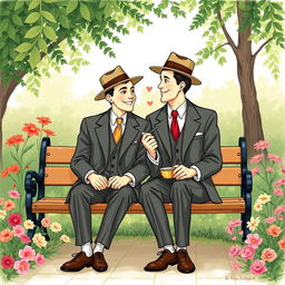 A charming vintage-style illustration depicting a romantic scene between two dapper men from the mid-20th century