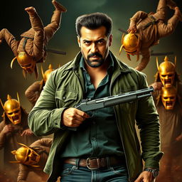 An action-packed movie poster featuring Salman Khan, showcasing his rugged charm with a well-groomed beard