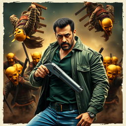 An action-packed movie poster featuring Salman Khan, showcasing his rugged charm with a well-groomed beard