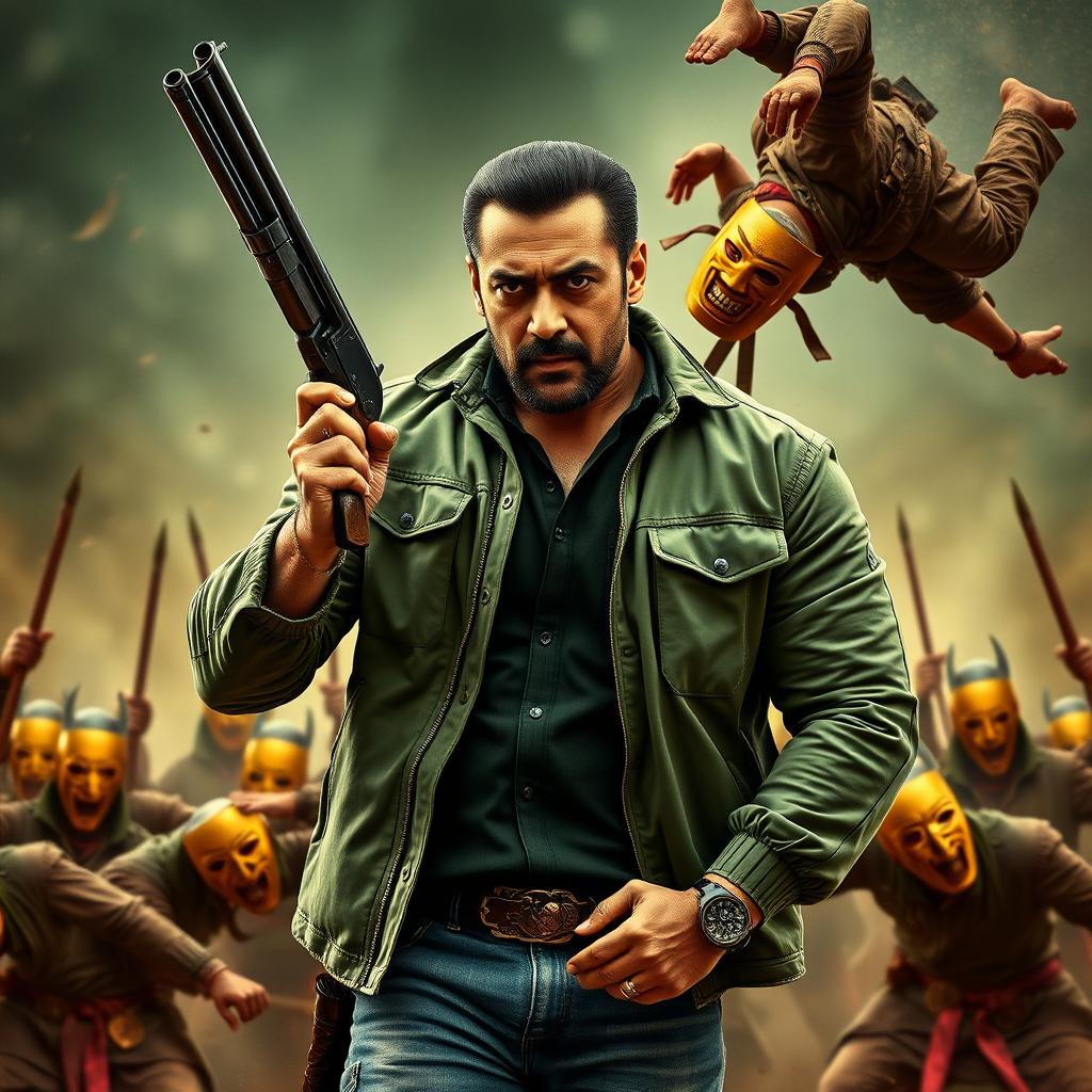 An action-packed movie poster featuring Salman Khan, showcasing his rugged charm with a well-groomed beard