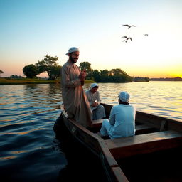 A Muslim man in traditional clothing, including a thobe and a kufi, gracefully boarding a small wooden boat at a serene lakeside during sunset