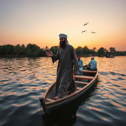 A Muslim man in traditional clothing, including a thobe and a kufi, gracefully boarding a small wooden boat at a serene lakeside during sunset