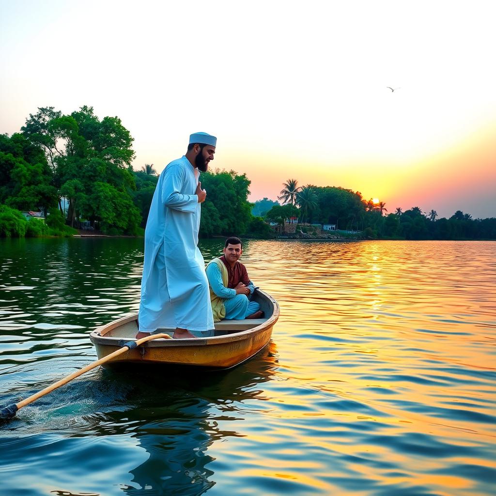 A Muslim man in traditional clothing, including a thobe and a kufi, gracefully boarding a small wooden boat at a serene lakeside during sunset