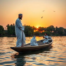 A Muslim man in traditional clothing, including a thobe and a kufi, gracefully boarding a small wooden boat at a serene lakeside during sunset