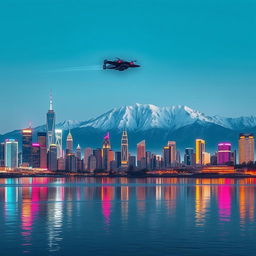 A stunning, futuristic cityscape contrasted with a majestic, serene mountain range in the background