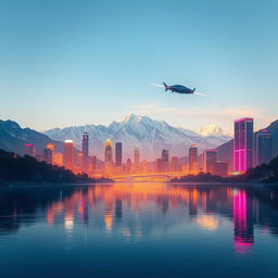 A stunning, futuristic cityscape contrasted with a majestic, serene mountain range in the background