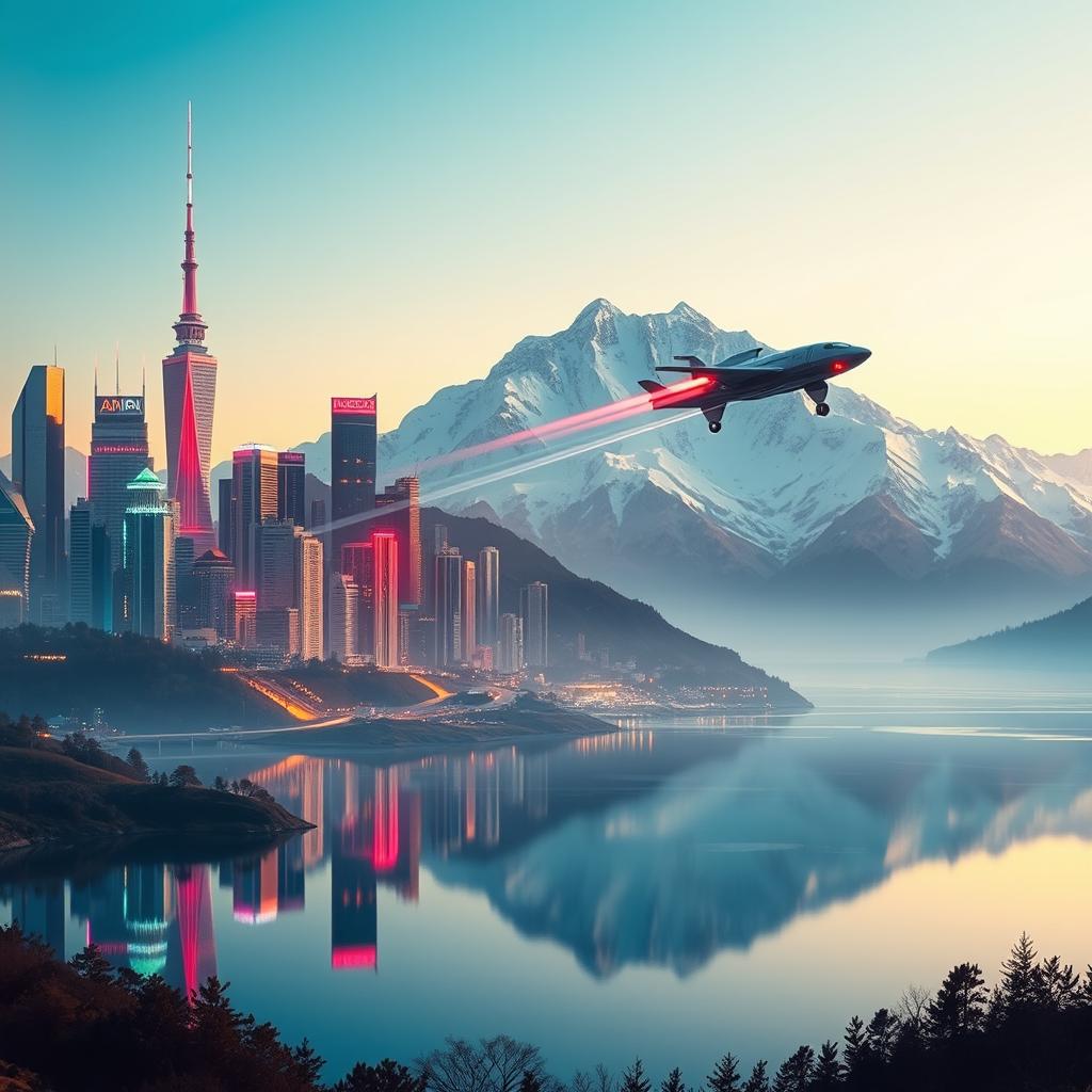 A stunning, futuristic cityscape contrasted with a majestic, serene mountain range in the background