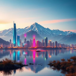 A stunning, futuristic cityscape contrasted with a majestic, serene mountain range in the background