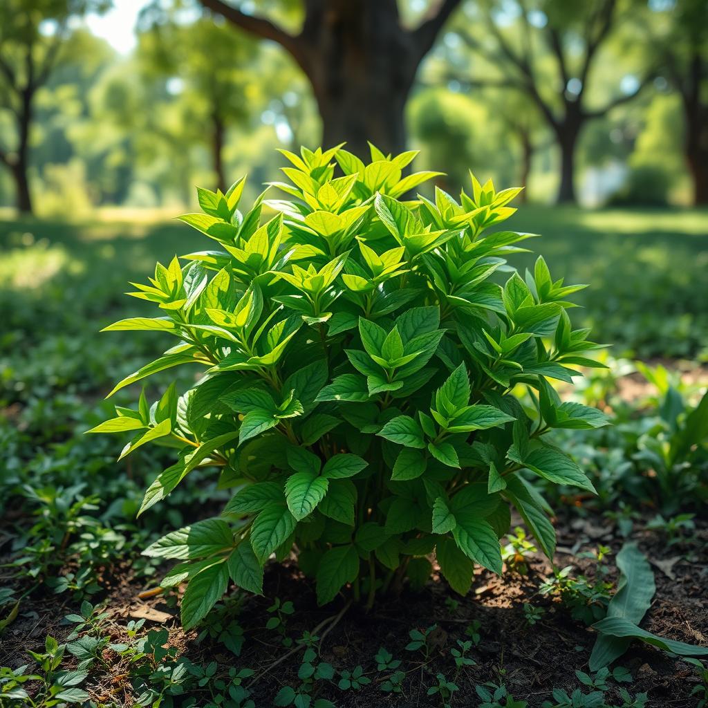 A realistic depiction of a vibrant green plant at the center of the image, showcasing a dense growth of lush leaves