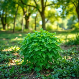 A realistic depiction of a vibrant green plant at the center of the image, showcasing a dense growth of lush leaves