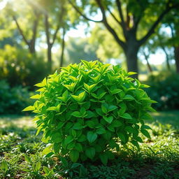 A realistic depiction of a vibrant green plant at the center of the image, showcasing a dense growth of lush leaves
