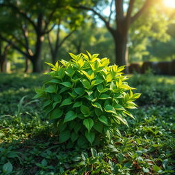 A realistic depiction of a vibrant green plant at the center of the image, showcasing a dense growth of lush leaves