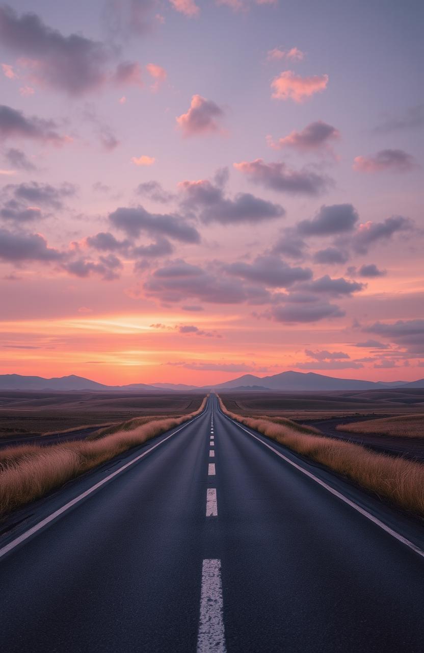 A serene and long, lonely road stretching into the horizon, symbolizing the journey in the anthology of poetry titled 'Mencari Jalan Untuk Kau Sampai'