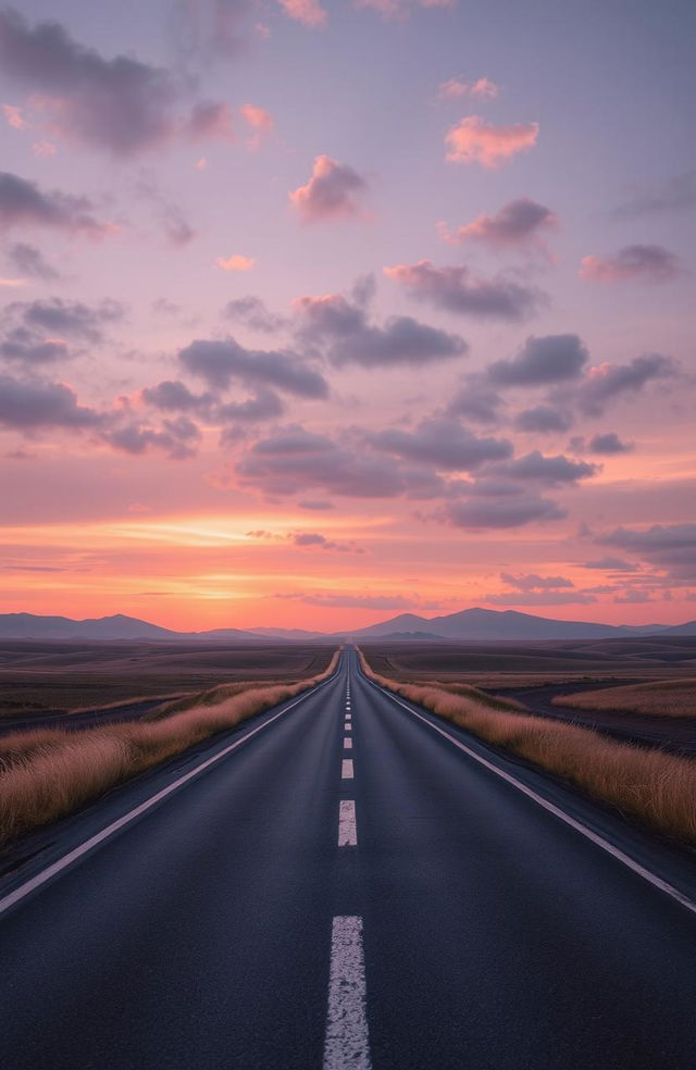 A serene and long, lonely road stretching into the horizon, symbolizing the journey in the anthology of poetry titled 'Mencari Jalan Untuk Kau Sampai'
