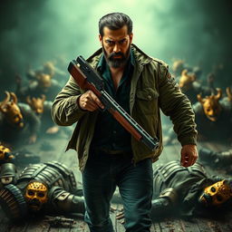 An ultra-realistic 8k dark fantasy action-packed movie poster featuring Salman Khan with a beard, wielding a shotgun