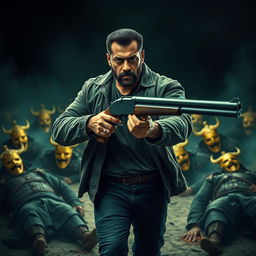 An ultra-realistic 8k dark fantasy action-packed movie poster featuring Salman Khan with a beard, wielding a shotgun