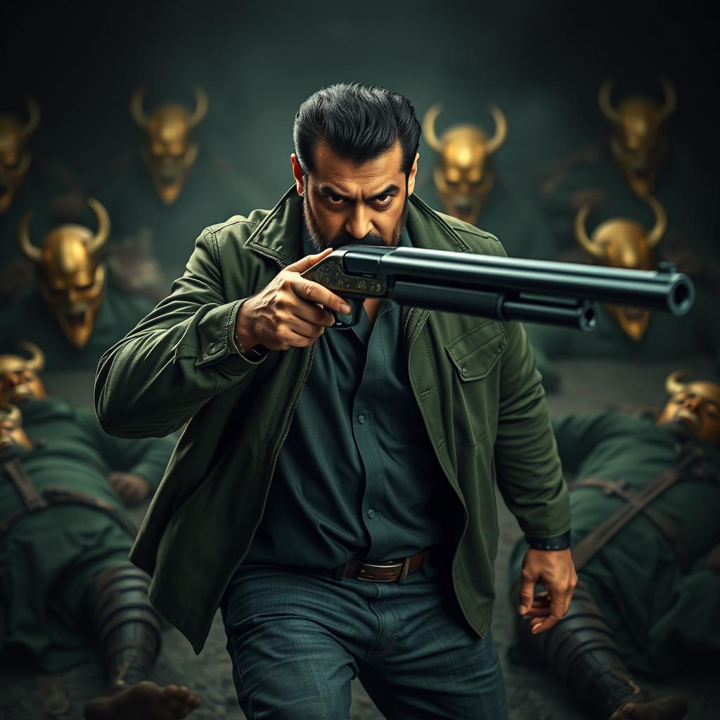 An ultra-realistic 8k dark fantasy action-packed movie poster featuring Salman Khan with a beard, wielding a shotgun