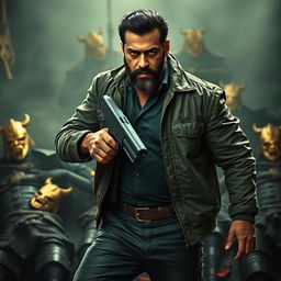 An ultra-realistic 8k dark fantasy action-packed movie poster featuring Salman Khan with a beard, wielding a shotgun
