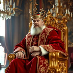 A regal king seated on an ornate golden throne, wearing a luxurious red velvet robe adorned with intricate gold embroidery