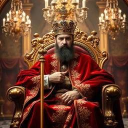 A regal king seated on an ornate golden throne, wearing a luxurious red velvet robe adorned with intricate gold embroidery