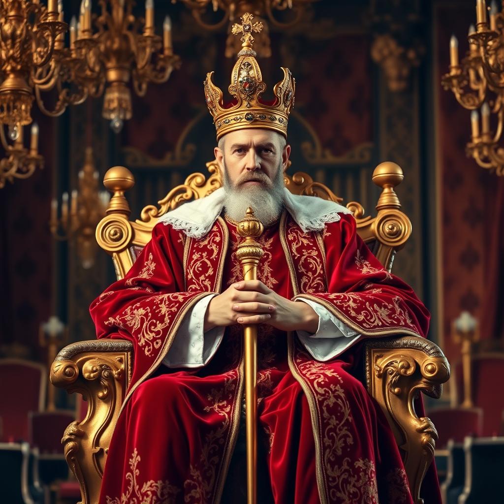 A regal king seated on an ornate golden throne, wearing a luxurious red velvet robe adorned with intricate gold embroidery