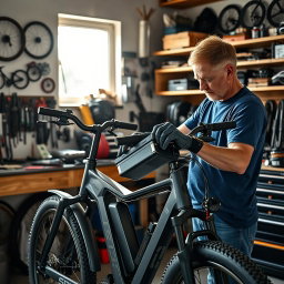 A man skillfully installing a battery onto an electric bike in a bright workshop filled with tools and bike parts