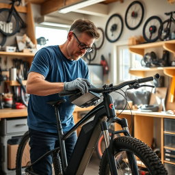 A man skillfully installing a battery onto an electric bike in a bright workshop filled with tools and bike parts