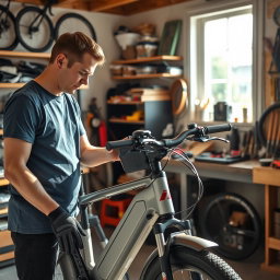 A man skillfully installing a battery onto an electric bike in a bright workshop filled with tools and bike parts