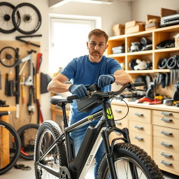 A man skillfully installing a battery onto an electric bike in a bright workshop filled with tools and bike parts