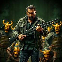 An ultra-realistic, 8k poster depicting an intense dark fantasy scene featuring Salman Khan, who has a thick beard